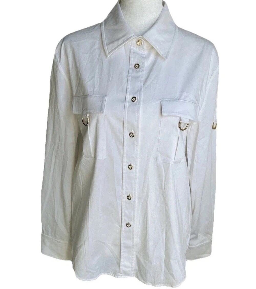 St John Womens P White Poplin Button Down Shirt Gold Hardware Cotton Tunic EUC